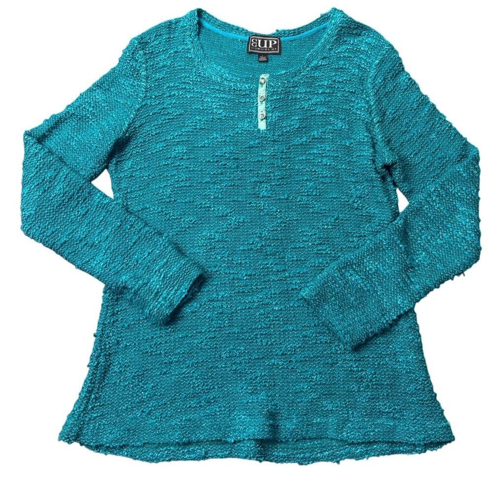 Cowgirl Up Teal Textured Knit Sweater Size L Sparkle Button Detail Western
